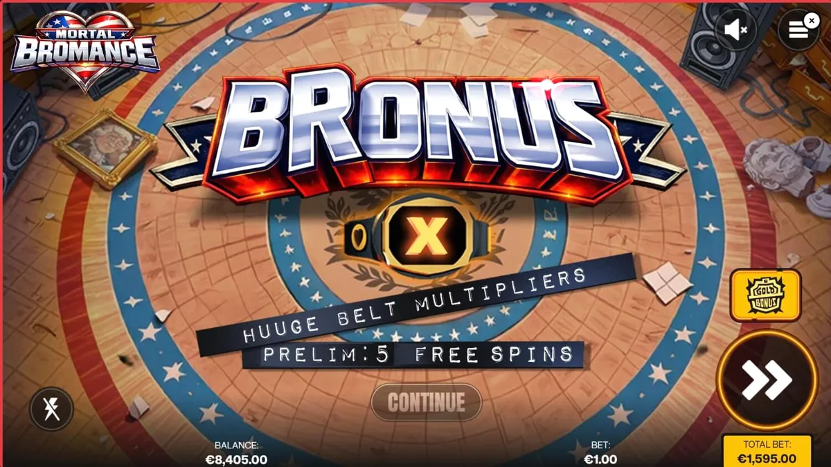 Tampilan antarmuka slot Mortal Bromance dengan karakter satir di atas ring.