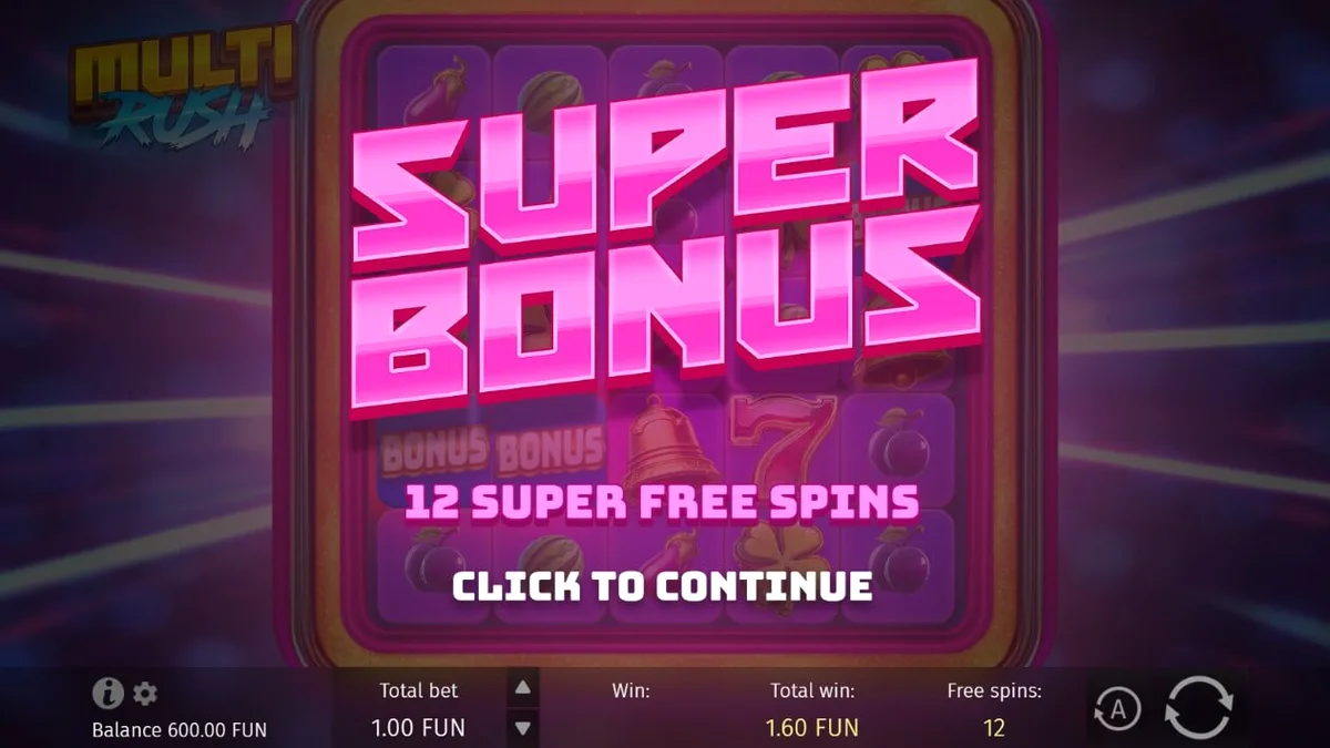 Tampilan visual slot Multi Rush dengan tema neon dan simbol buah klasik